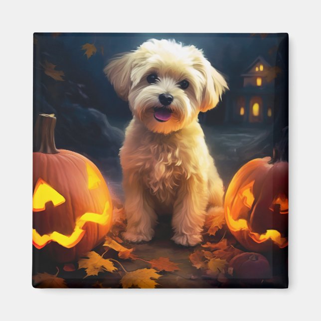 Halloween Yorkipoo med pumpor Magnet (Framsidan)