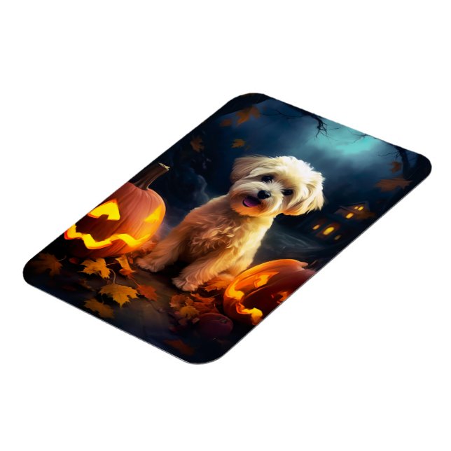 Halloween Yorkipoo med pumpor Magnet (Vänstra Sidan)
