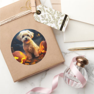 Halloween Yorkipoo med pumpor Runt Klistermärke