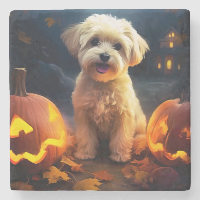 Halloween Yorkipoo med pumpor Stenunderlägg (Framsidan)