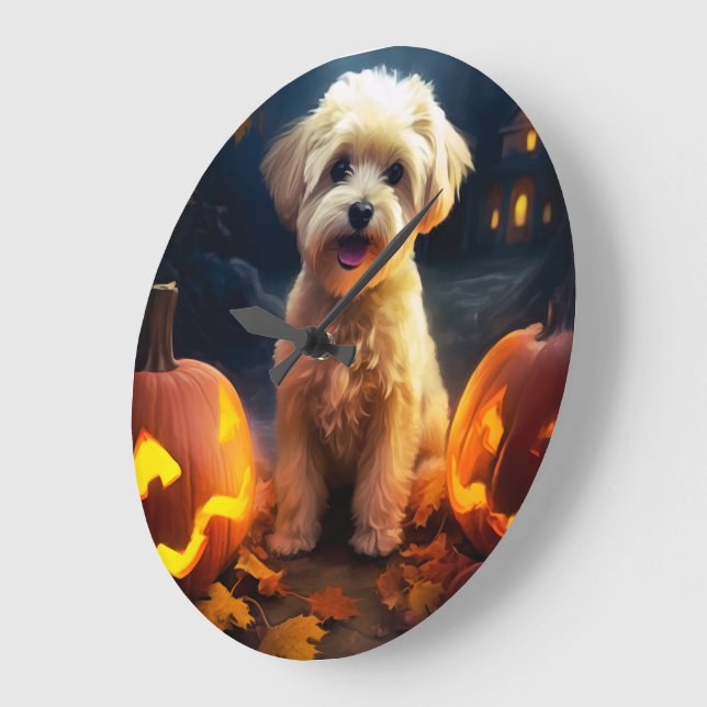 Halloween Yorkipoo med pumpor Stor Klocka (Vinkel)
