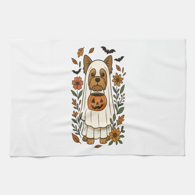 Halloween Yorkshire Terrier Blommor Halloween Kökshandduk (Horisontell)