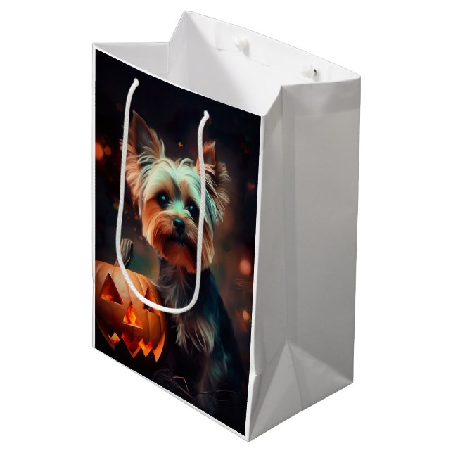 Halloween Yorkshire Terrier Med Pumpa Skräckinjaga (Framsidan Vinklad)