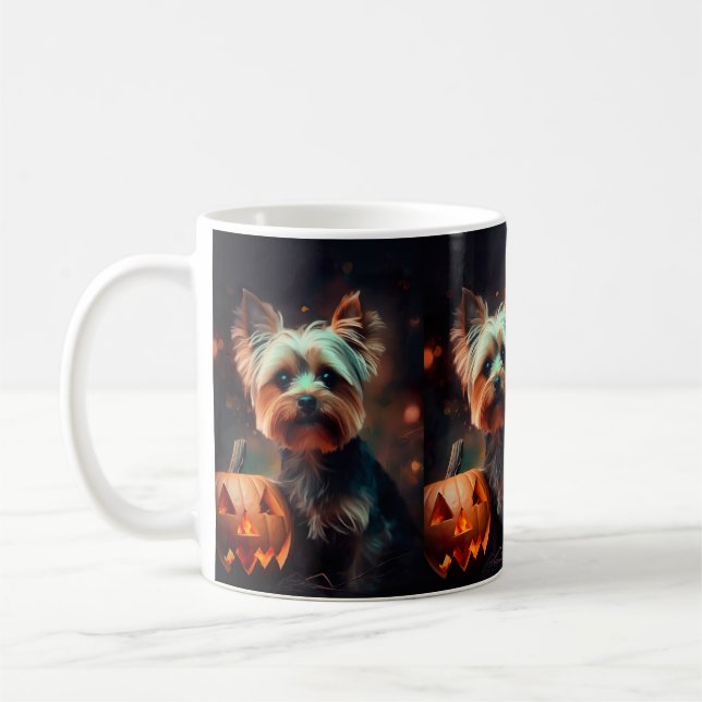 Halloween Yorkshire Terrier Med Pumpa Skräckinjaga Kaffemugg (Vänster)