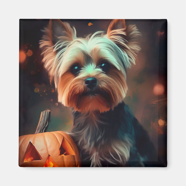 Halloween Yorkshire Terrier Med Pumpa Skräckinjaga Magnet (Framsidan)