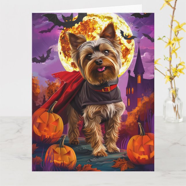 Halloween Yorkshire Terrier Vampyr Pumpor Skräckin Kort (Gul blomma)