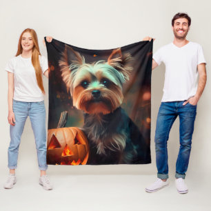 Halloween Yorkshire Terrier with pumpkins Scary Fleecefilt
