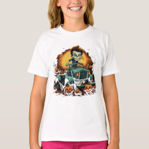 Halloween Zombie Driving Though Pumpkin Patch T Shirt