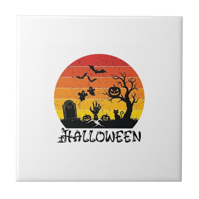 Halloween Zombie Hand Gravsten Träd Svart Katt Fla Kakelplatta (Framsidan)