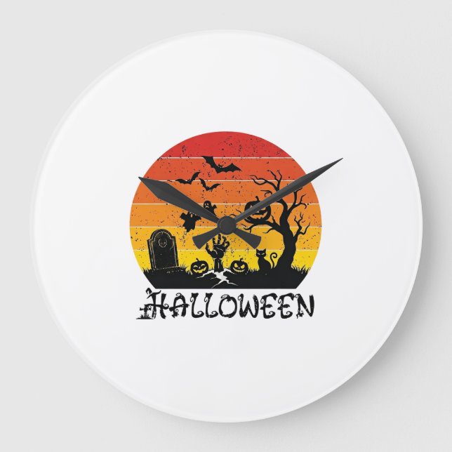 Halloween Zombie Hand Gravsten Träd Svart Katt Fla Stor Klocka (Framsida)