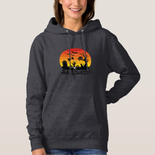 Halloween Zombie Hand Gravsten Träd Svart Katt Fla T Shirt