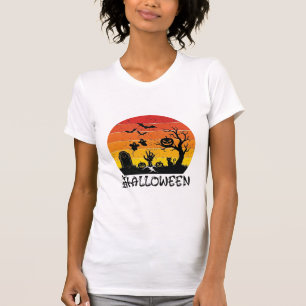 Halloween Zombie Hand Gravsten Träd Svart Katt Fla T Shirt