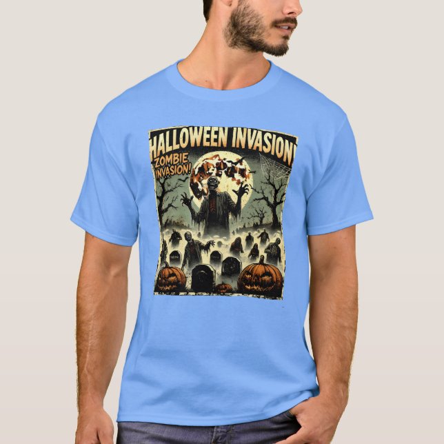 Halloween Zombie Invasion retro T Shirt (Framsida)