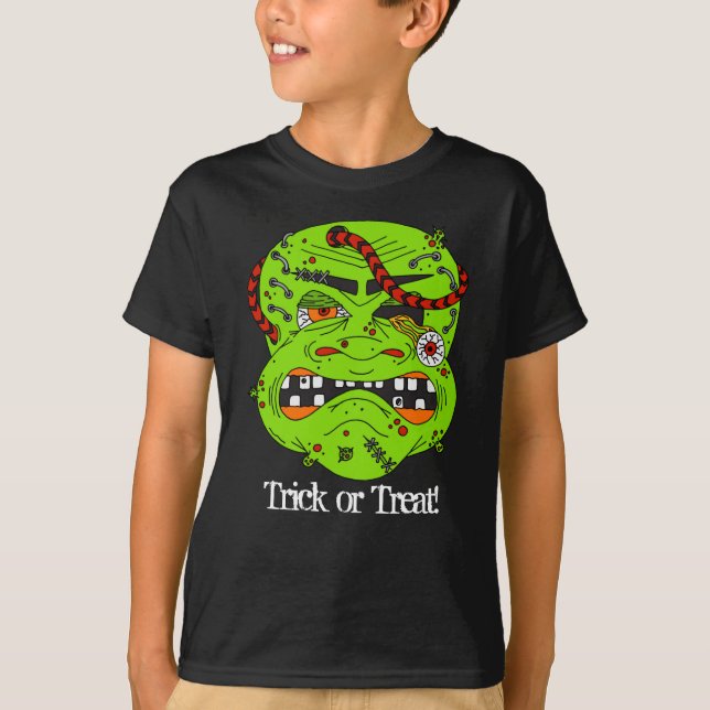 Halloween Zombie Monster Ansikte Bus eller godis T Shirt (Framsida)
