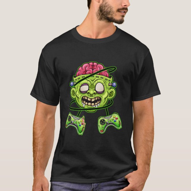 Halloween Zombie Scary Video Gamer Brain Game T Shirt (Framsida)