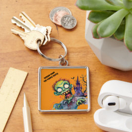 Halloween, Zombie,Skrik Från Det Purpurfärgade Slo Fyrkantig Silverfärgad Nyckelring