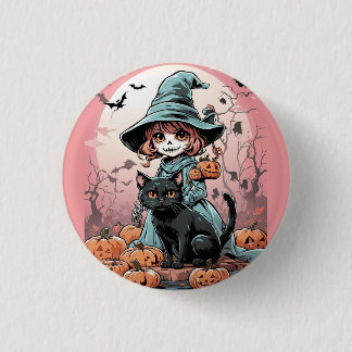 Halloween-zombiehäxa med svart katt-märke knapp