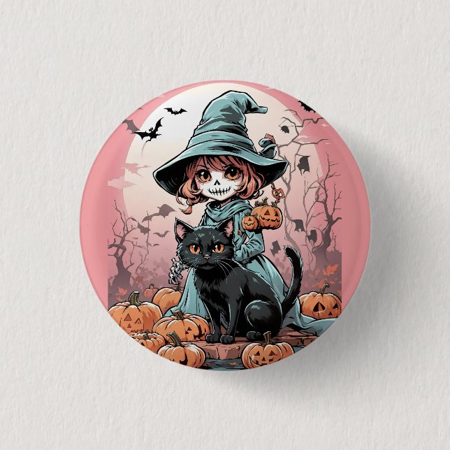 Halloween-zombiehäxa med svart katt-märke knapp (Framsida)