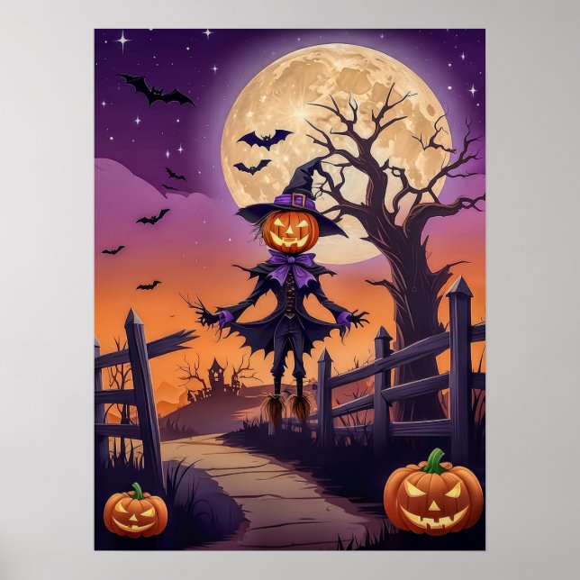 Halloweenaffisch med pumpabana under lysande måne poster (Framsidan)