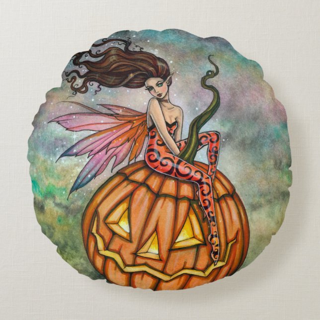 Halloweenälva och Jack-o-Lyktelse Konst Rund Kudde (Framsidan)
