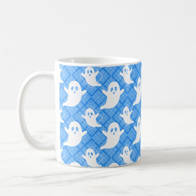 Halloweenandar på blå rutig kaffemugg (Vänster)