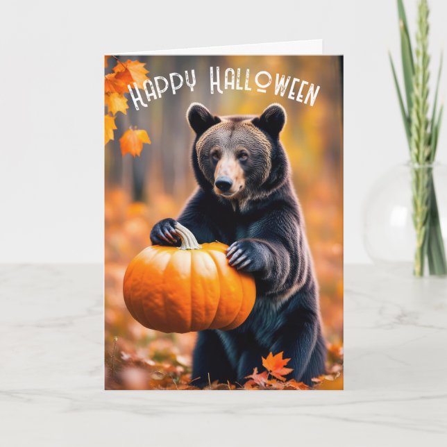 Halloweenbjörn med pumpa helgkort (Framsida)