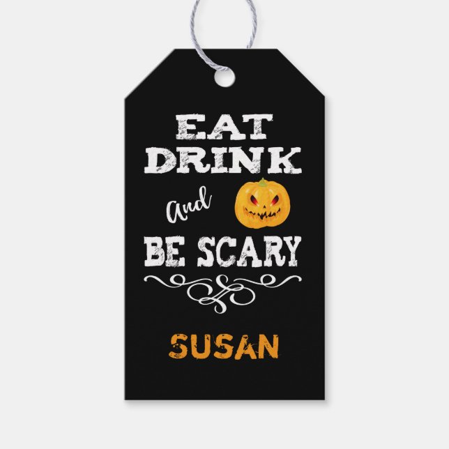 Halloweenfest Ät Drick & Var Rädslig Pumpa Ansikte Presentetikett (Framsidan)