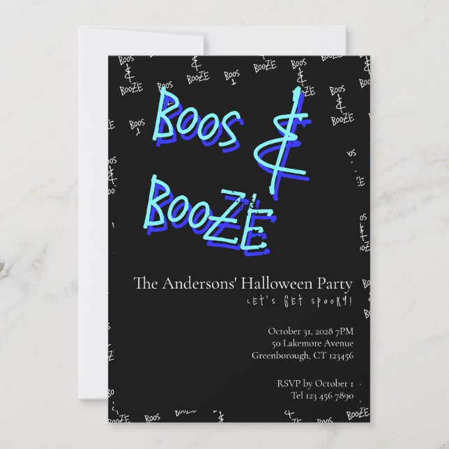 Halloweenfest Boos and Booze Neonblå Inbjudningar (Framsida)