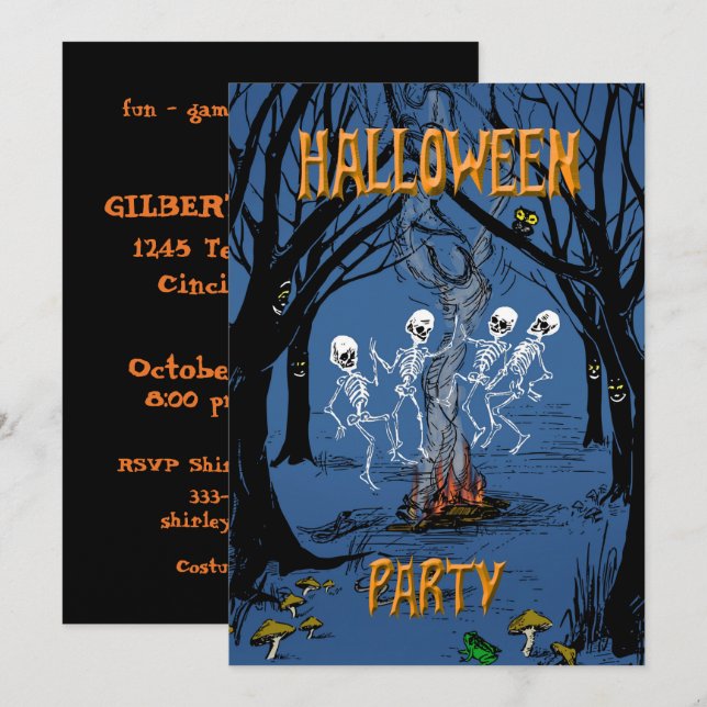 Halloweenfest Dansande Skelett Inbjudningar (Fram/baksida)
