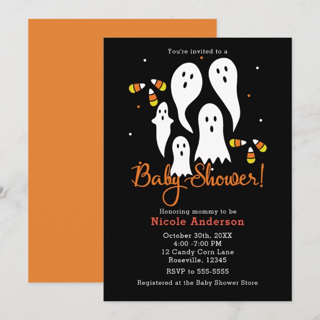 Halloweenfest för baby shower med spöken och majsk inbjudningar (Fram/baksida)