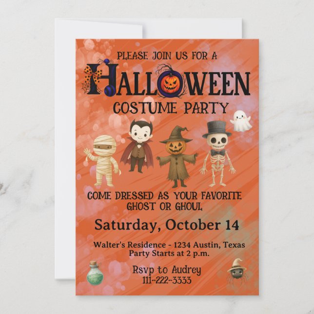 Halloweenfest för barn i kostym inbjudningar (Framsida)