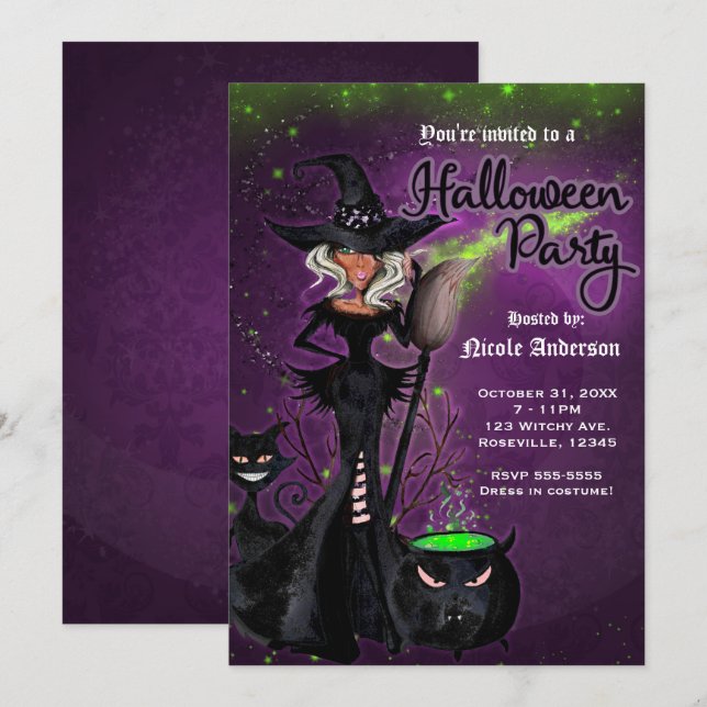 Halloweenfest Glam Sorkar i Svart Grön Lila Inbjudningar (Fram/baksida)