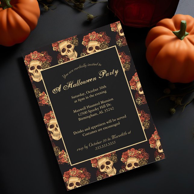 Halloweenfest Gothic Skalle Svart Röd Ros Kron Inbjudningar (Skapare uppladdad)