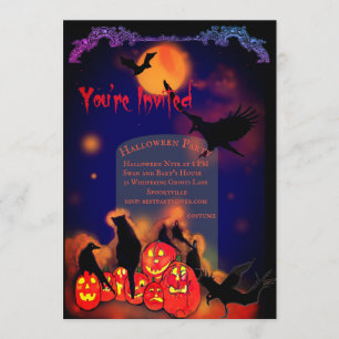 Halloweenfest Lysande pumpor Korpar Svart katt Inbjudningar
