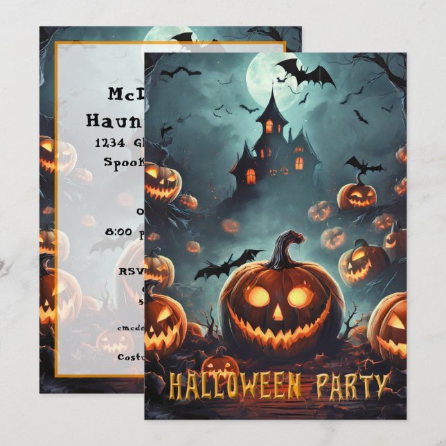 Halloweenfest med många Jack-O-Lanterns Inbjudningar (Fram/baksida)