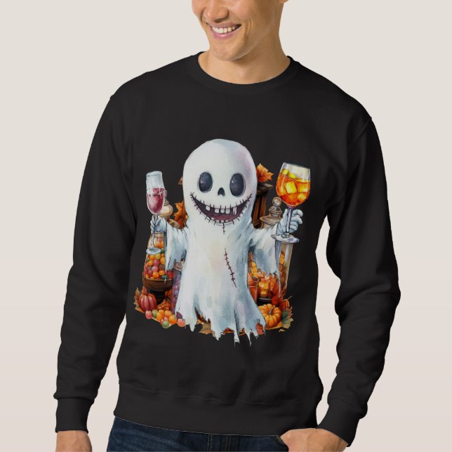 Halloweenfest med spöken dricker vin lång ärmad tröja (Framsida)