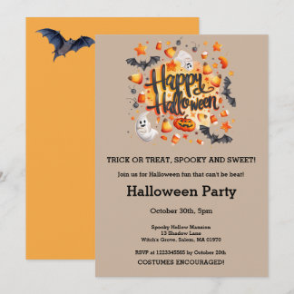 Halloweenfest med spöken, fladdermöss, majs och pu inbjudningar