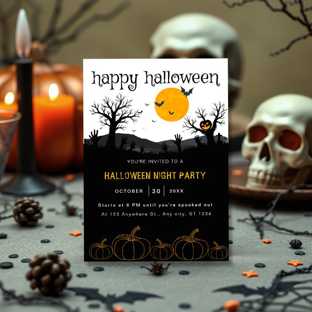 Halloweenfest med Spökiga Träd Orange Svarta Pumpo Inbjudningar (Skapare uppladdad)