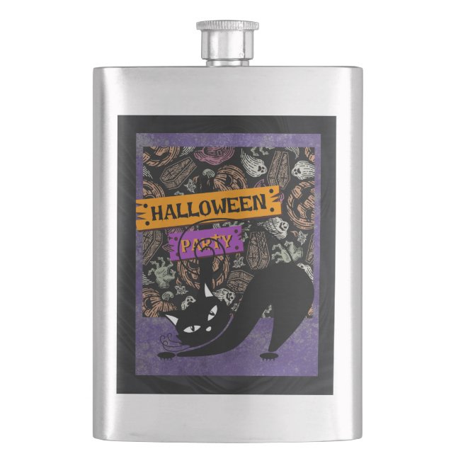 Halloweenfest och svart katt fickplunta (Framsidan)