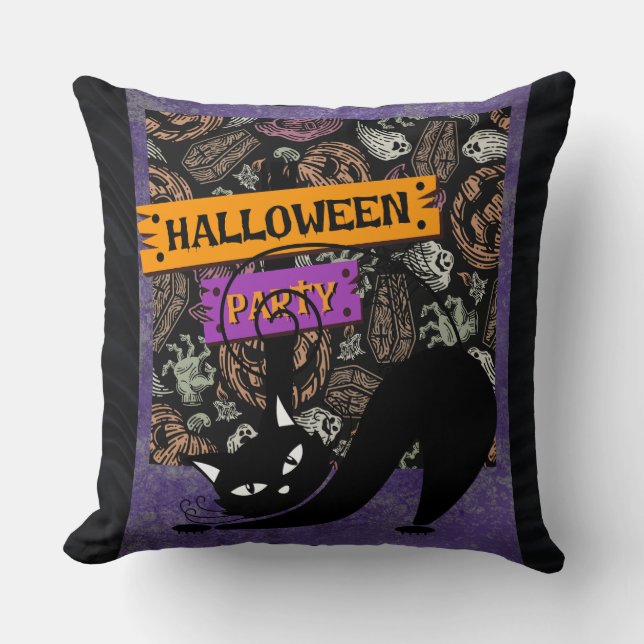 Halloweenfest och svart katt, kastkudde kudde (Framsida)