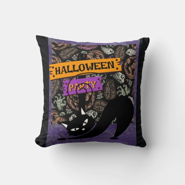 Halloweenfest och svart katt, kastkudde kudde (Framsida)