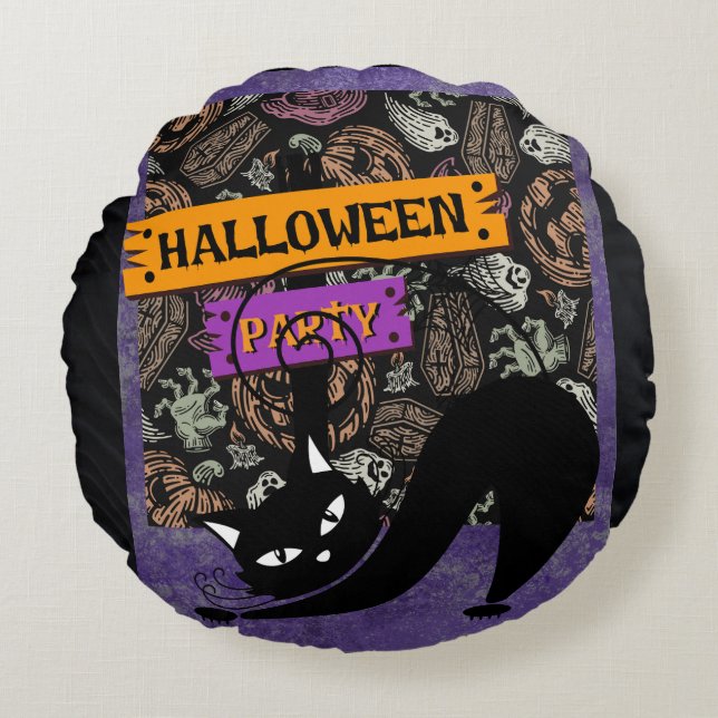 Halloweenfest och svart katt, kastkudde rund kudde (Framsidan)