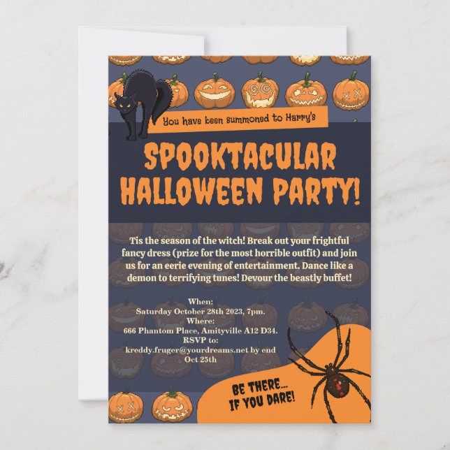 Halloweenfest Pixelkonst Pumpa Spindel Svart Katt Inbjudningar (Framsida)