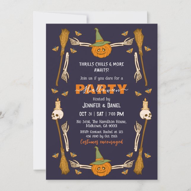 Halloweenfest Skelett Hand Trollkarl Kvast Gotisk  Inbjudningar (Framsida)