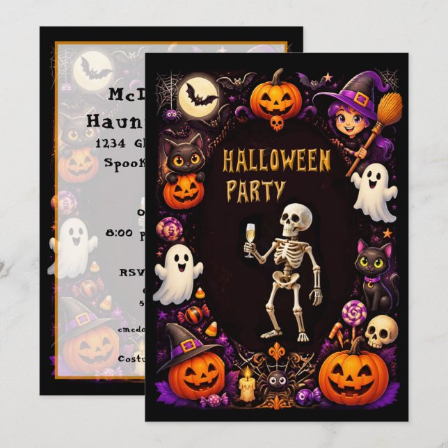 Halloweenfest-skelett med champagneglas inbjudningar (Fram/baksida)