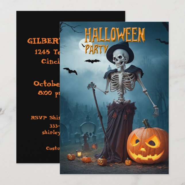 Halloweenfest Skelett och pumpor Inbjudningar (Fram/baksida)