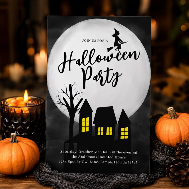 Halloweenfest Skräckinjagande Spökhus  Inbjudningar (Elegant Halloween party invitation for a spooky haunted house celebration.)