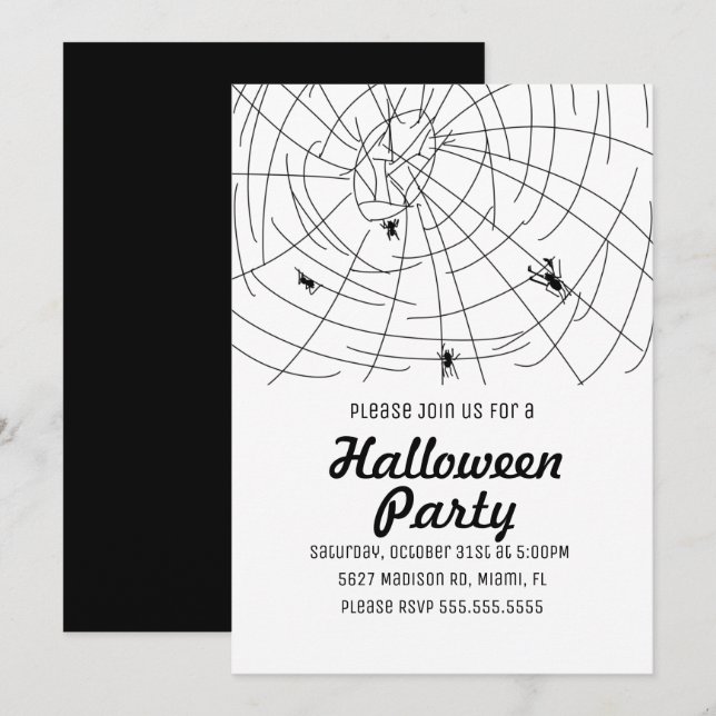 Halloweenfest Spider Ons Teckning Illustration Inbjudningar (Fram/baksida)