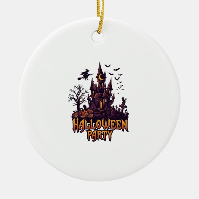 Halloweenfest Spök Slott Pumpa Fladdermöss Julgransprydnad Keramik (Framsidan)