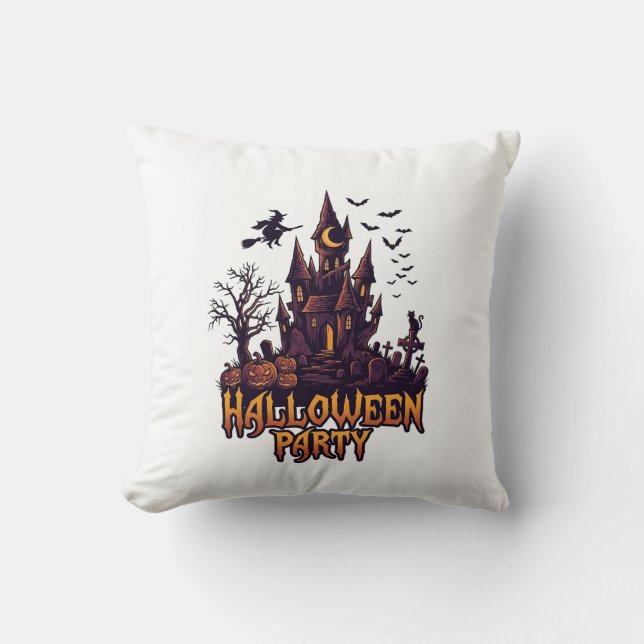 Halloweenfest Spök Slott Pumpa Fladdermöss Kudde (Framsida)